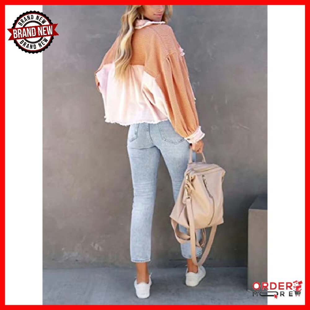 Cropped Waffle Knit Button Down Shacket Women's C… - image 6